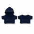 Two navy blue plush toy outfits, one with a hood and another as a short-sleeved top. Each has a simple design.