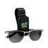 A black visor glasses holder with a clip and silver sunglasses featured in front. Includes a logo design.