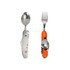 A stainless steel multi-function camping utensil with a fork and spoon, featuring an orange handle and a logo.