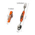 A multi-function camping flatware utensil in orange, featuring a fork, spoon, and additional tools, both folded and unfolded.