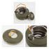 A green camping kettle with a stainless steel interior, featuring a lid and an orange handle. It has a logo.