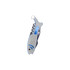 A silver and blue multitool shaped like a fish, featuring various tools and a keyring attachment.