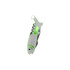 A silver and green multitool designed in the shape of a fish, featuring a keyring attachment.