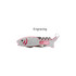 A silver multitool in the shape of a fish, featuring pink accents and a keyring attachment.