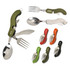 A camping cutlery set featuring green, orange, red, and black utensils, including a multi-tool with a fork, spoon, and knife.