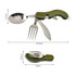 A multi-tool camping cutlery set with a green textured handle, featuring a spoon, fork, and knife.