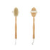 A detachable shower brush with a long wooden handle and a light-coloured bristle head, featuring a branding logo.