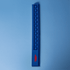 A blue popper ruler with multiple poppable buttons and a branded logo on one side.