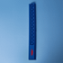 A blue popper ruler with multiple poppable buttons and a branded logo on one side.