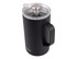 A drink bottle in matte black with a clear lid and metal plunger, featuring a handle and a logo.