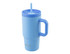 A drink bottle with a light blue body and a matching lid, featuring a handle and a built-in straw. It has a logo.