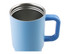 A drink bottle in light blue with a stainless steel interior and a sturdy handle, featuring a logo.