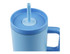 A drink bottle in light blue featuring a straw and a handle, with a lid that has a matching top.