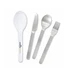 A stainless steel cutlery set featuring a knife, fork, spoon, and a clear plastic serving spoon, with a logo present.