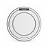 A round, silver magnetic charger with a stand, featuring a smooth surface and a hinged element.