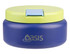 A food flask in navy blue with a light green lid, featuring a logo on the front.