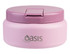 A food flask in light pink with a purple lid, featuring a logo on the side.