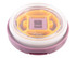 A food flask lid in purple and yellow, featuring a secure open/close mechanism and a logo on top.