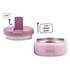 A pink insulated food flask featuring a flip-up cap and stainless steel interior, with a logo visible.