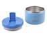 A blue insulated food flask with a stainless steel interior and a removable lid. It features a branding logo.