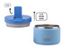 A blue insulated food flask with a flip-up lid for quick release. Features a logo.