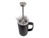 A drink bottle in matte black with a stainless steel plunger and a clear lid, featuring a handle and a logo.