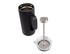 A drink bottle in matte black with a handle and a clear coffee press plunger. Features a logo on the body.
