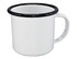 A white enamel espresso mug with a black rim and a sturdy handle, measuring 125ml and 6cm in height.