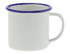 An enamel mug in white with a blue rim, featuring a handle and a glossy finish.