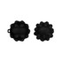 A black spherical product with a textured surface and an attached tab, featuring two views of the item.