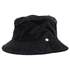 A black cord bucket hat with a brand logo on the side, featuring a wide brim and a textured fabric.