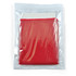 A red cooling towel packed in a clear, sealed pouch with a logo on the front.