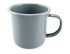 A grey enamel mug with a sturdy handle, measuring 500ml and 9cm in height. It features a logo.