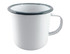 A white enamel mug with a grey rim and a handle, featuring a logo on the side. Suitable for beverages.
