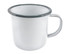 A mug featuring a white enamel finish with a contrasting grey rim and handle, includes a branding logo.