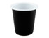 A black tumbler with a white interior, featuring a logo on the side.