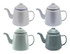 A teapot set featuring four enamel designs in white and shades of green, each with a distinct handle and spout.