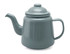 A teal enamel teapot with a curved spout and a lid, featuring a handle and a smooth finish.