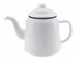 A white enamel teapot with a lid, featuring a blue rim and a spout for pouring. It has a handle and a simple design.