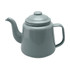 A grey enamel teapot with a spout and handle, featuring a lid and a smooth finish. Includes a logo.