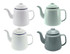 A set of four teapots in white, light green, and grey, featuring a classic design and handles. Each has a logo.