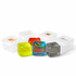 A set of colourful jelly cube sensory toys in red, yellow, blue, and grey, with clear plastic containers and logos.