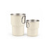 A stainless steel camping mug set in cream, featuring a handle, includes a larger and a smaller mug.
