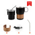 A stainless steel camping mug and drink bottle, featuring black and brown colours, with a handle and a straw.