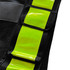 A safety vest featuring a black design with bright yellow reflective strips and an adjustable pocket.