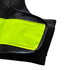 A close-up of a V-Shape hi-vis reflective safety vest in yellow and black with an adjustable feature and a pocket.