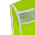 A close-up of a hi-vis reflective adjustable safety vest in bright yellow mesh with a clear pocket.