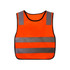 A bright orange reflective safety vest with grey stripes and a black trim. It features a logo on the front.