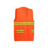 A high-visibility orange button-down safety vest with reflective yellow and grey stripes and front pockets.
