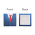 A blue gift box designed with a suit graphic, featuring a square window on the back and a logo.